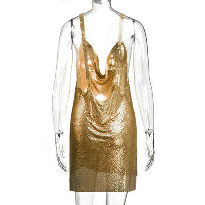 Women’s 90s Rave Glitter Mini Dress – V-Neck Lace-Up Sequin Y2K Clubwear, Sexy Backless Bodycon with Metal Details for Party