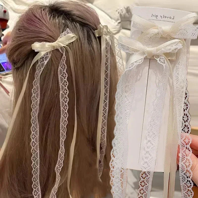 2pcs Korean Fashion Lace Bow Hairpins – White Ribbon Hair Clips for Women & Girls, Top Clip, Female Hair Accessories & Gifts