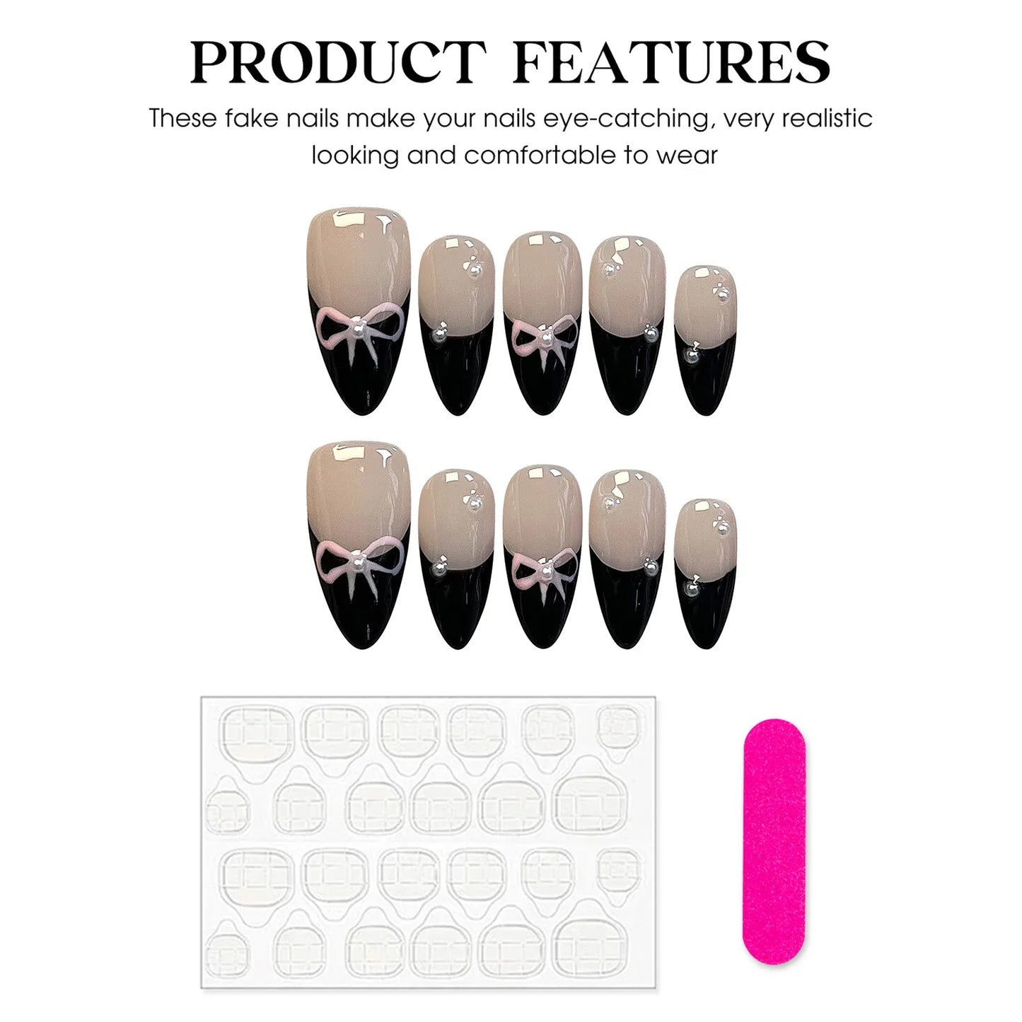 10 Pcs Black French Press-On Nails – Handmade Bowknot Design, Glossy Short Almond Fake Nails for Salon Art