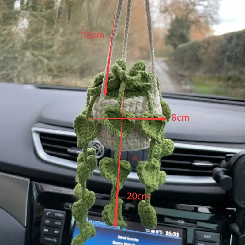 Cute Crochet Potted Plants Car Basket – Hanging Car Decor & Rear View Mirror Ornament Accessories
