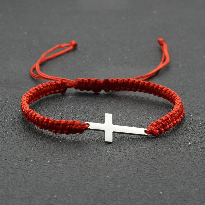 Adjustable Stainless Steel Cross Bracelet with Handwoven Colored Cord – Unisex Couple Friendship Jewelry