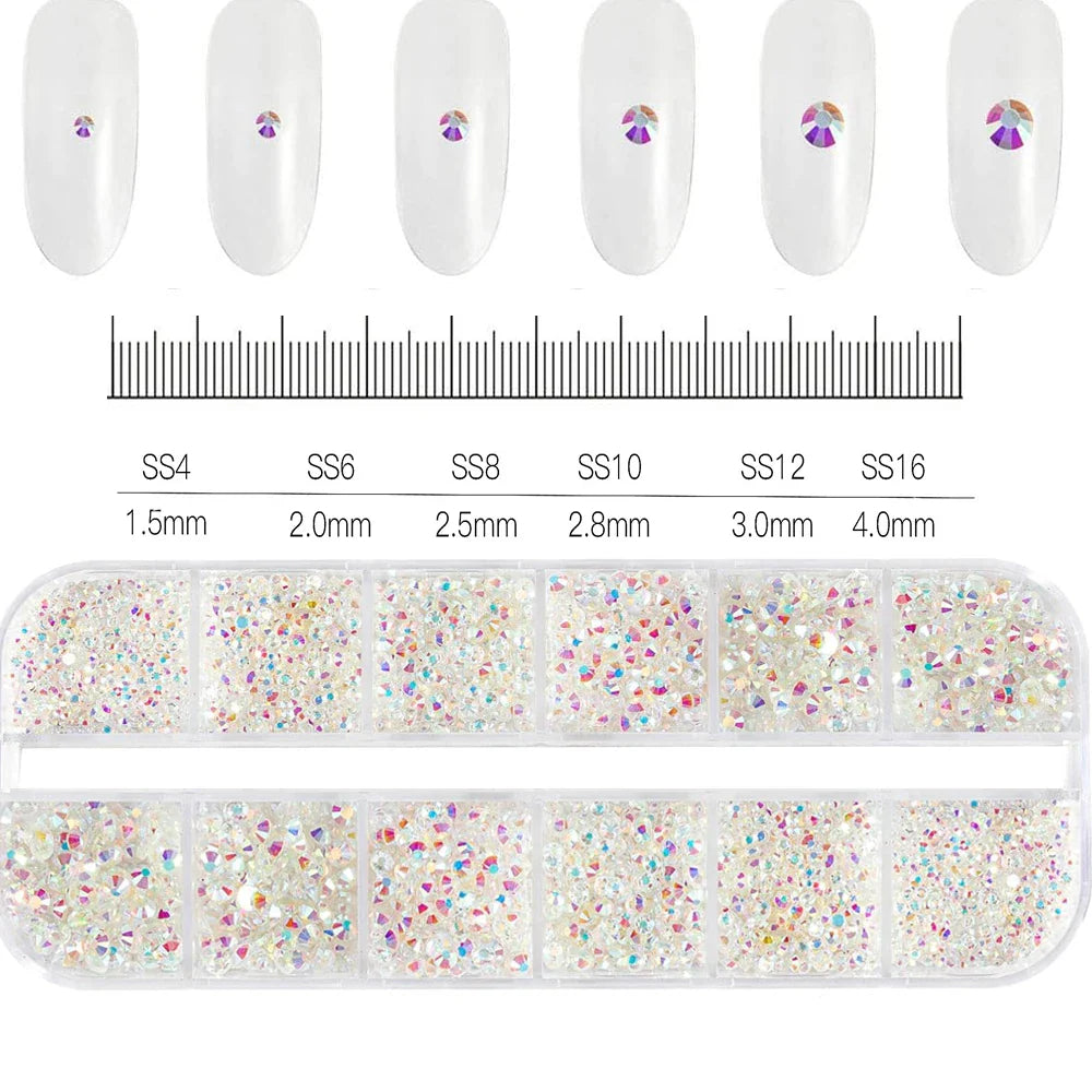12-Grid 3D Glass AB Crystal Nail Art Rhinestones Kit – Flatback Round Beads with Tools for Nail Jewelry & Diamond Decoration