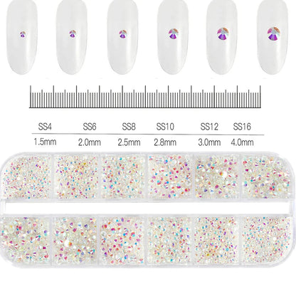 12-Grid 3D Glass AB Crystal Nail Art Rhinestones Kit – Flatback Round Beads with Tools for Nail Jewelry & Diamond Decoration