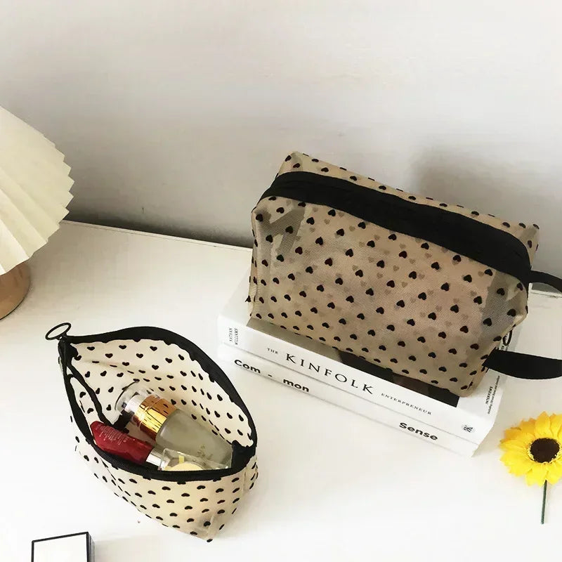 Nylon Mesh Heart-Shaped Cosmetic Bag — Zipper Toiletry & Makeup Organizer Pouch for Women, Multifunctional Lipstick, Key, and Coin Purse