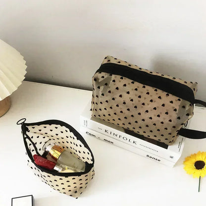 Nylon Mesh Heart-Shaped Cosmetic Bag — Zipper Toiletry & Makeup Organizer Pouch for Women, Multifunctional Lipstick, Key, and Coin Purse