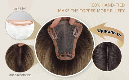 Ombre Blonde Brown 100% Remy Human Hair Topper – Silk Base Clip-In Extension for Women with Hair Loss, 12 Inch