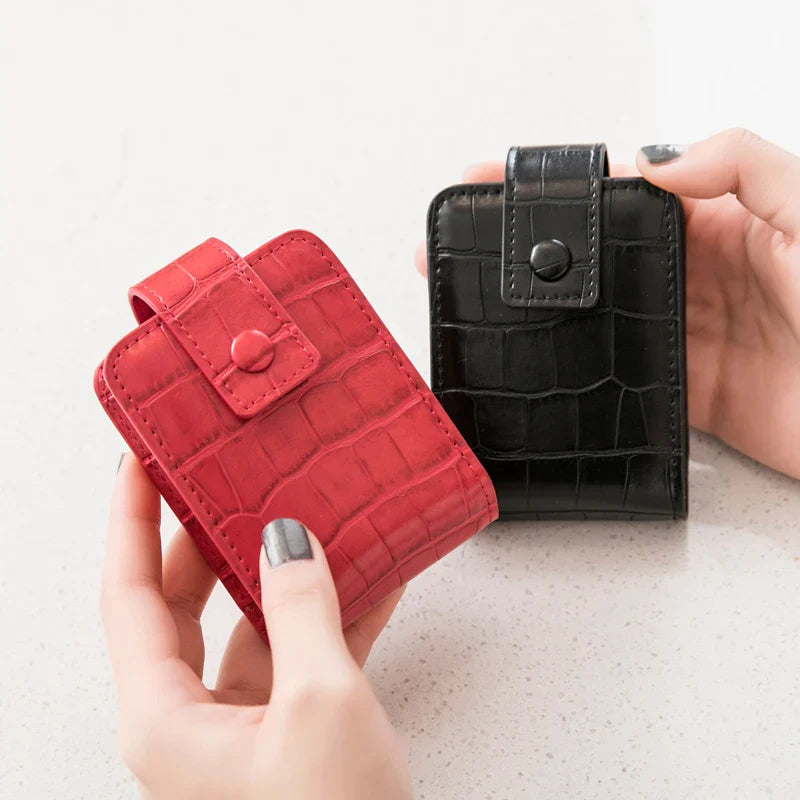 Mini Portable Lipstick Bag with Mirror - Small Cosmetic Bag with Button, Crocodile Embossed Women's Makeup Storage Case