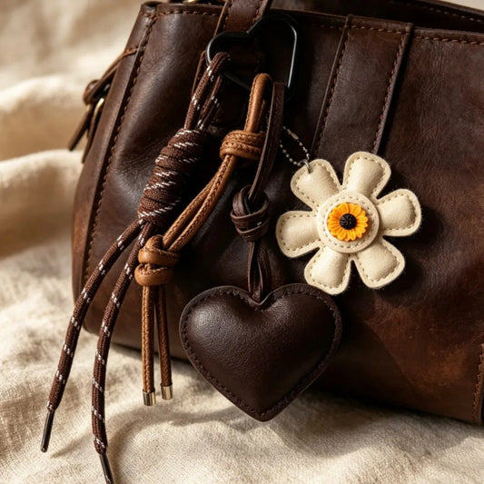 Vintage Leather Flower Heart Bag Charm Keychain – Handmade Boho Tassel Pendant for Tote Bags, Aesthetic Fashion Accessory for Women & Girls