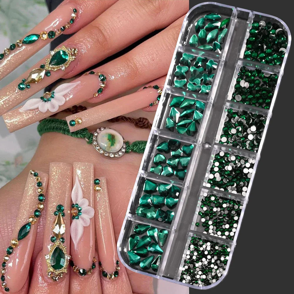 12-Grid 3D Glass AB Crystal Nail Art Rhinestones Kit – Flatback Round Beads with Tools for Nail Jewelry & Diamond Decoration