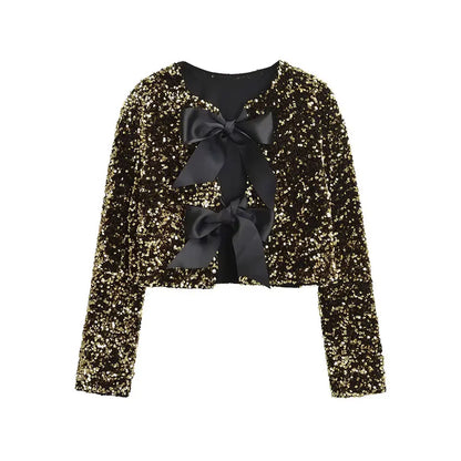 TRAF Women's Sequin Cropped Jacket – Long Sleeve O-Neck Coat with Bow Tie, Chic Outerwear Top