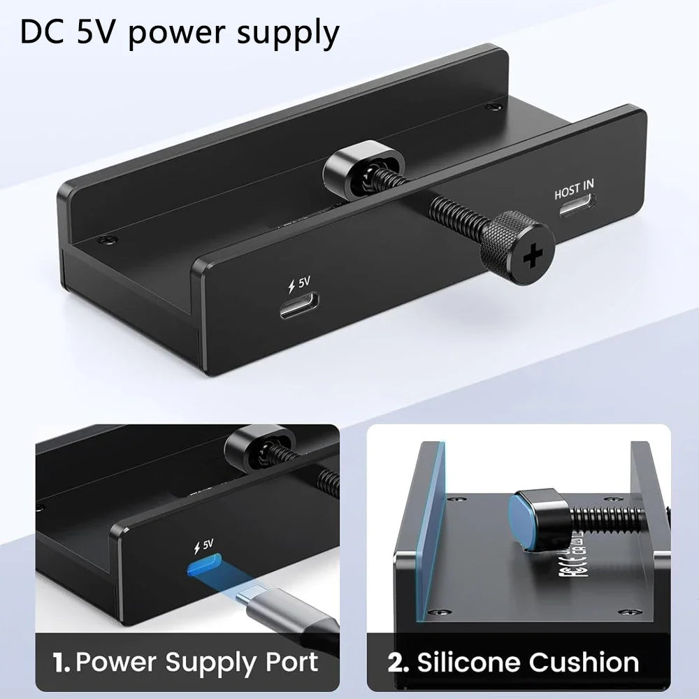 Aluminum 4-Port USB 3.0 Hub — High-Speed Clip Hub with Power Supply, 5–10Gbps Data Transfer, USB 3.2 for Mac & PC