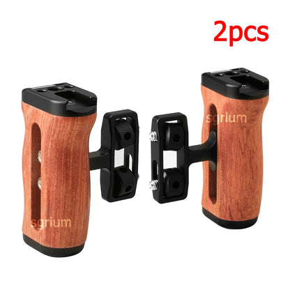 sgrium Universal Camera Cage Wooden Side Handle – Left/Right Hand Grip with 1/4" Mount Holes & Cold Shoe for Sony Camera Cage Video Shooting Rig Accessories