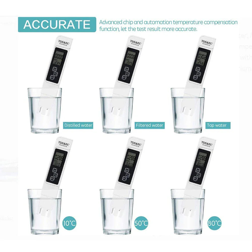 White Digital Water Quality Tester - TDS EC Meter, Multifunctional Water Purity & Temperature TEMP PPM Tester (0-9990 Range)
