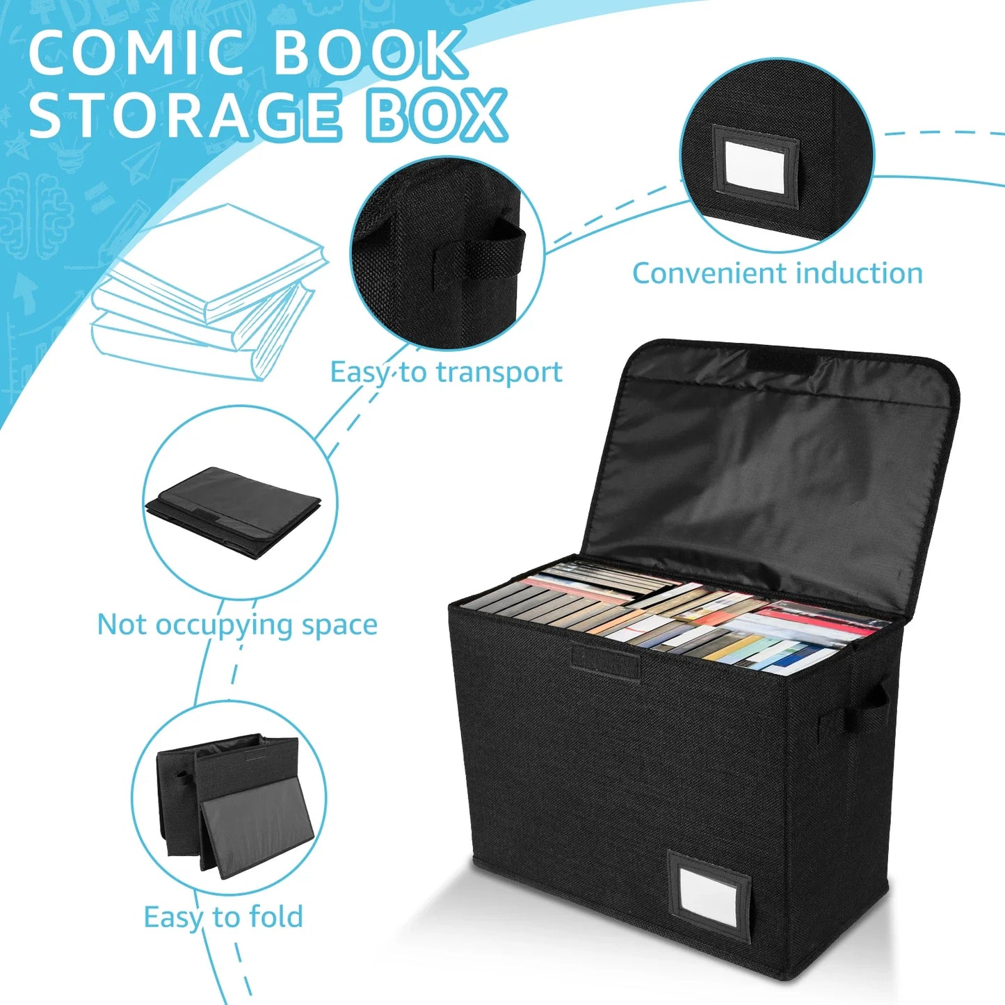 Foldable Clothing Storage Box with Lid – Washable Comic Book Organizer Bin with Handle, Multipurpose Home & Office Storage Container