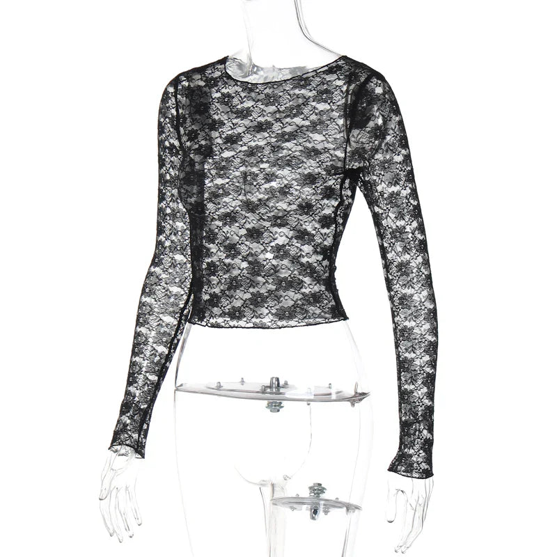 Dulzura Long Sleeve See-Through Lace Crop Top – Sexy Solid Bodycon T-Shirt for Women – Perfect for Party & Club – Autumn/Winter Fashion