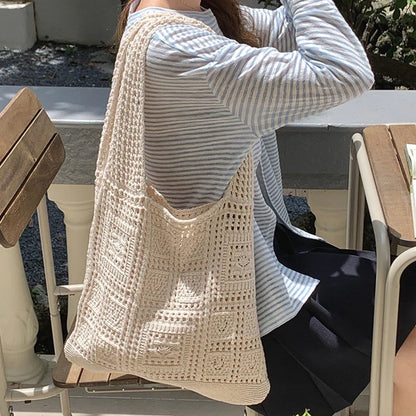 Women’s Crochet Tote Bag - Hollow Knitted Shoulder Handbag for Casual Shopping & Everyday Style