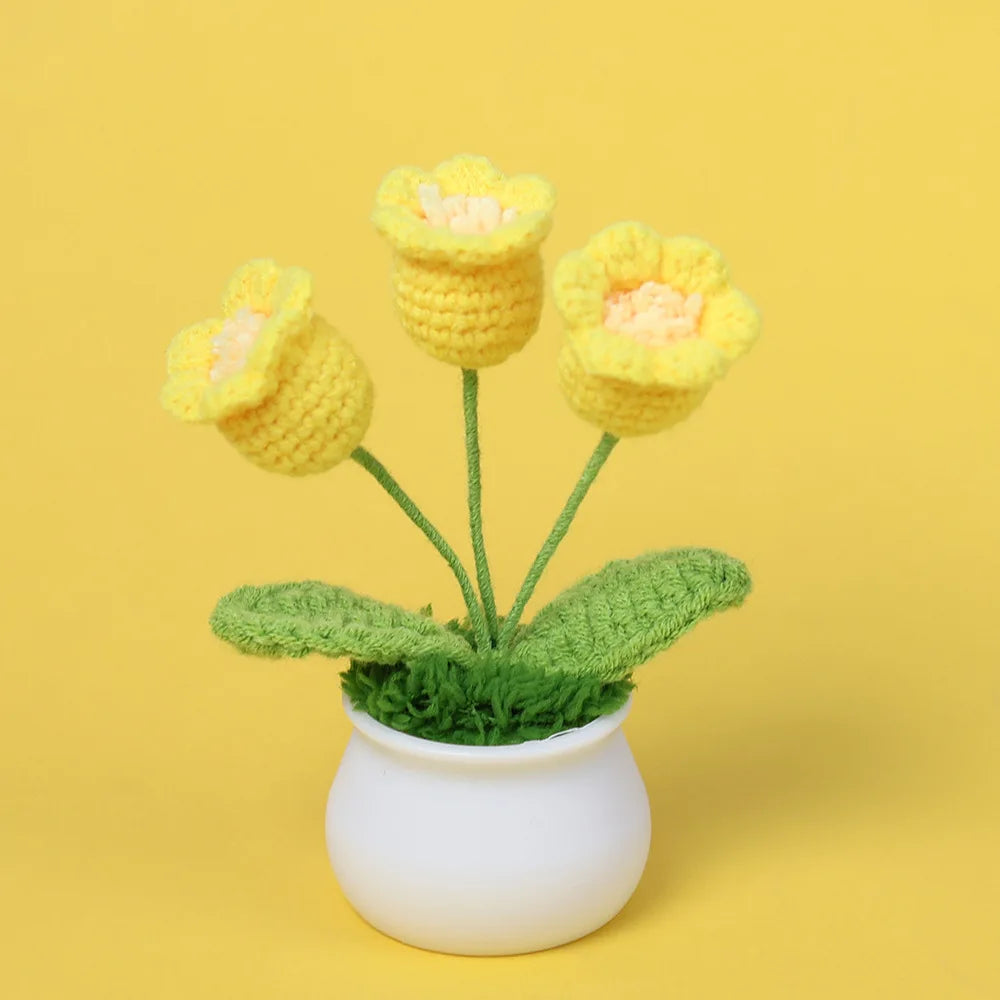 Handmade Crochet Bell Orchid in Pot – Knitted Artificial Flower with Light for Desktop & Easter 2025 Decor