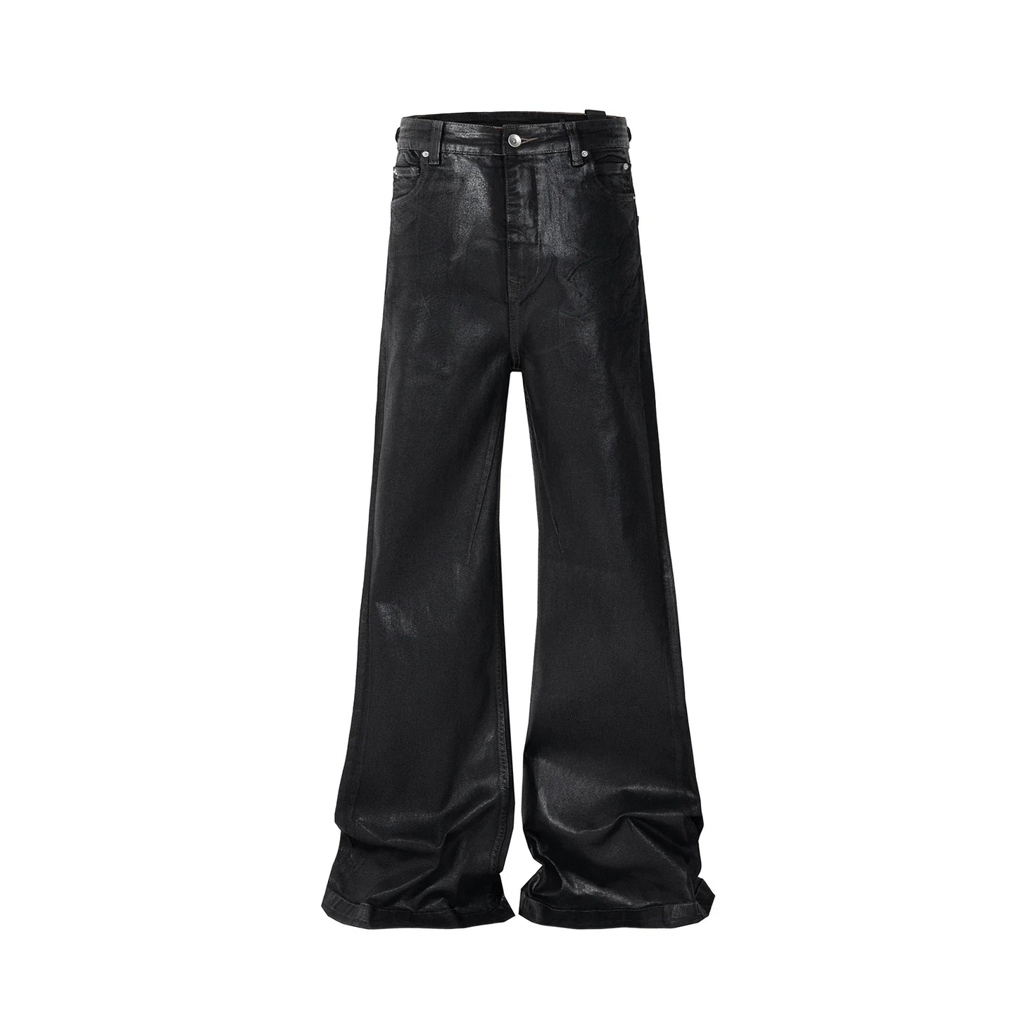 Men’s Streetwear Black Wax Leather Stretch Jeans — Baggy Y2K Flare Oversized Straight Denim Trousers