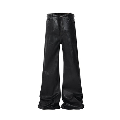 Men’s Streetwear Black Wax Leather Stretch Jeans — Baggy Y2K Flare Oversized Straight Denim Trousers