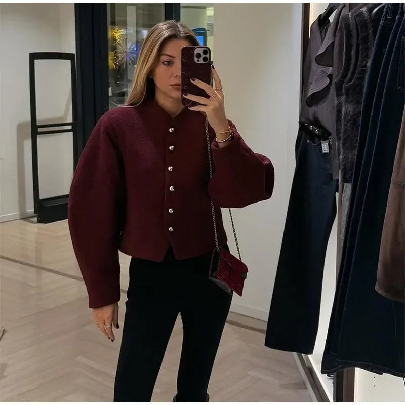 2025 Women's Elegant Long Sleeve Woolen Coat – V-Neck, Single-Breasted Slim Fit Solid Color Office Jacket
