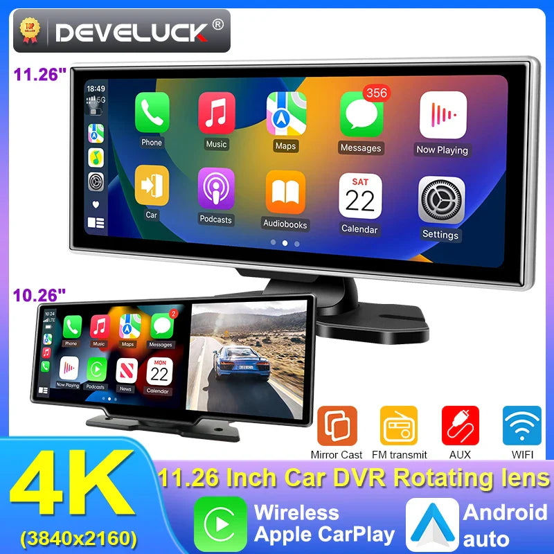 10/11.26" 4K Dash Cam — Dual-Lens Car DVR with Wireless CarPlay, Android Auto, GPS, WiFi, FM & AUX Video Recorder