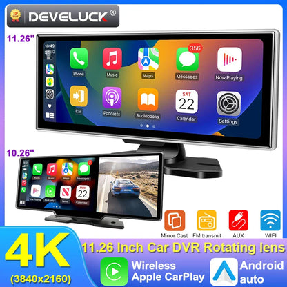 10/11.26" 4K Dash Cam — Dual-Lens Car DVR with Wireless CarPlay, Android Auto, GPS, WiFi, FM & AUX Video Recorder