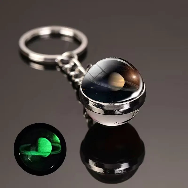 Glow in the Dark Solar System Keychain – Luminous Nebula Planet Key Ring with Moon, Earth, Sun, Double-Sided Glass Ball
