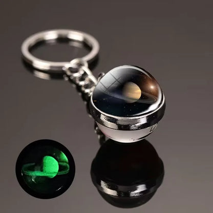 Glow in the Dark Solar System Keychain – Luminous Nebula Planet Key Ring with Moon, Earth, Sun, Double-Sided Glass Ball