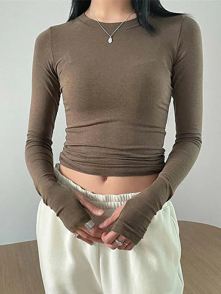 Women's Casual Slim Fit Long Sleeve T-Shirt – O-Neck Solid Color Thumb Hole Streetwear Top for Spring & Fall