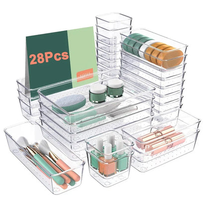 28PCS Clear Drawer Organizer Set - Multi-Size Storage Trays for Bathroom Vanity Kitchen & Bedroom