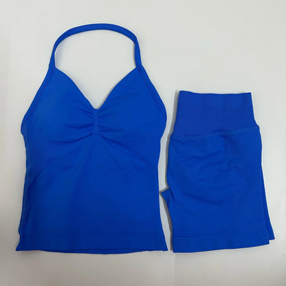 2-Piece Women’s Yoga Set – Seamless Longline Strappy Tank Top & Scrunch Sports Shorts, Summer Workout Gym Outfit