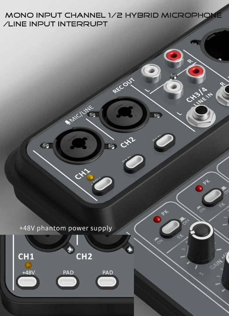 4-Channel Audio Mixer — USB Studio Mixer with 48V Phantom Power & Bluetooth for DJ & Karaoke
