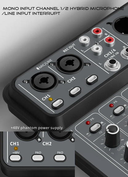 4-Channel Audio Mixer — USB Studio Mixer with 48V Phantom Power & Bluetooth for DJ & Karaoke