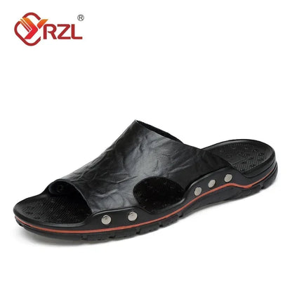 YRZL Men’s PU Leather Sandals – Classic Summer Slippers, Soft Black Lightweight EVA Slides, Big Sizes