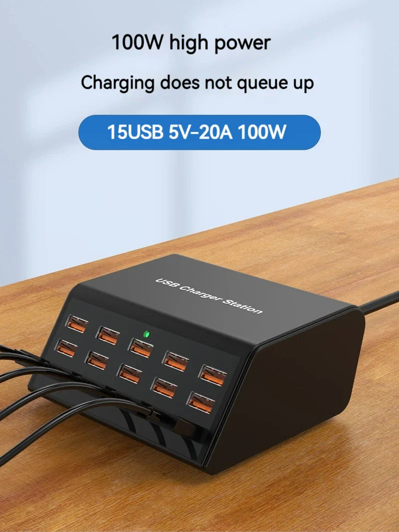 100W Desktop USB Charger — 15-Port Fast Charging Station for iPhone, iPad & Samsung Tablets