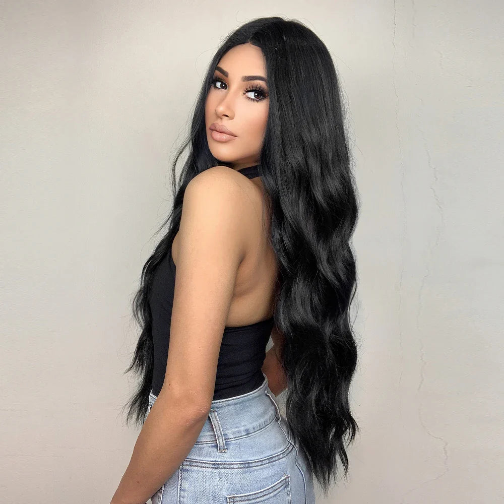 ALAN EATON Black Long Wavy Synthetic Wig – Natural Afro Hair, Middle Part, Heat-Resistant Fiber for Daily Use
