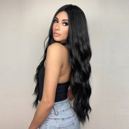 ALAN EATON Black Long Wavy Synthetic Wig – Natural Afro Hair, Middle Part, Heat-Resistant Fiber for Daily Use