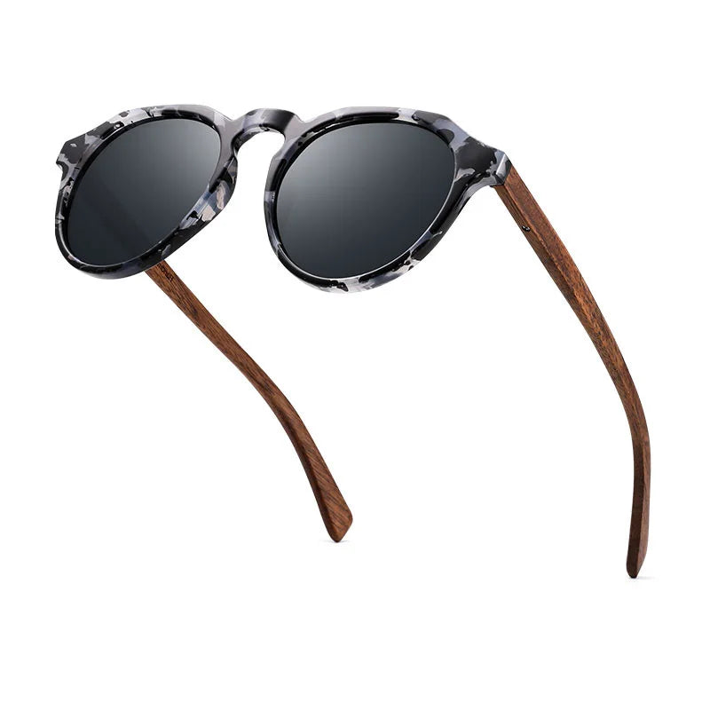 Oi Wood Round Sunglasses — Walnut Wood Frames with Red Lens & Tortoise Shell Design for Men & Women