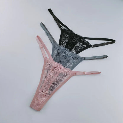 Women's Lace Thong Set - 3-Piece Low Waist Breathable Sheer G-String Lingerie