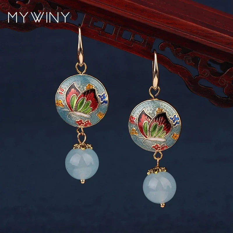 Vintage Flower Drop Earrings - Natural Stone Ethnic Jewelry for Women