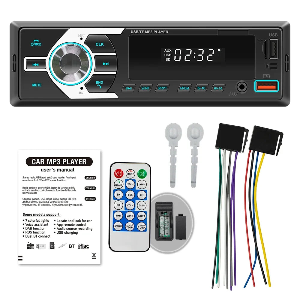BQCC 1 Din Bluetooth Car Stereo - MP3 FM Radio with USB, TF, AUX, Dual USB & 7-Color LED Lights