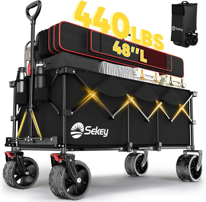 Sekey 48" Collapsible Folding Wagon — Heavy Duty 300L Utility Garden Cart with 440lbs Capacity