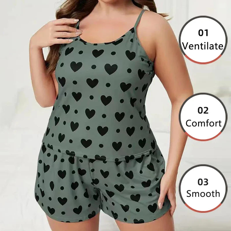 Plus Size Women's Pajama Set – Love Print Camisole & Shorts Sleepwear in Green (XL-3XL)
