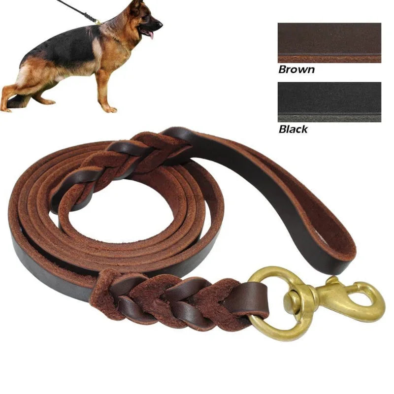 Genuine Leather Dog Leash – Braided Walking & Training Lead for Medium & Large Dogs, Brown & Black
