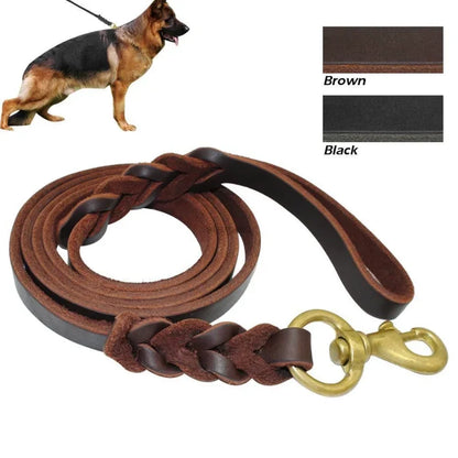 Genuine Leather Dog Leash – Braided Walking & Training Lead for Medium & Large Dogs, Brown & Black