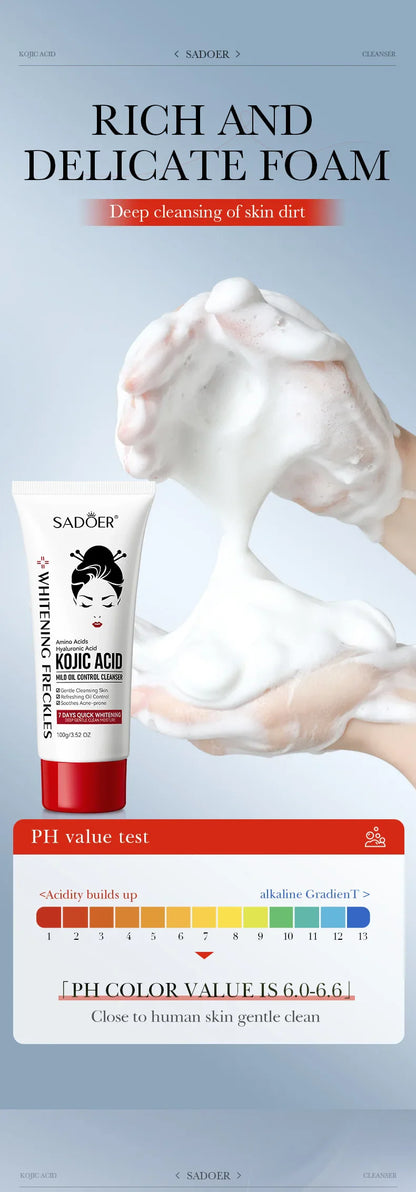 SADOER Kojic Acid Facial Cleanser – Moisturizing & Brightening Face Wash Foam for Skincare