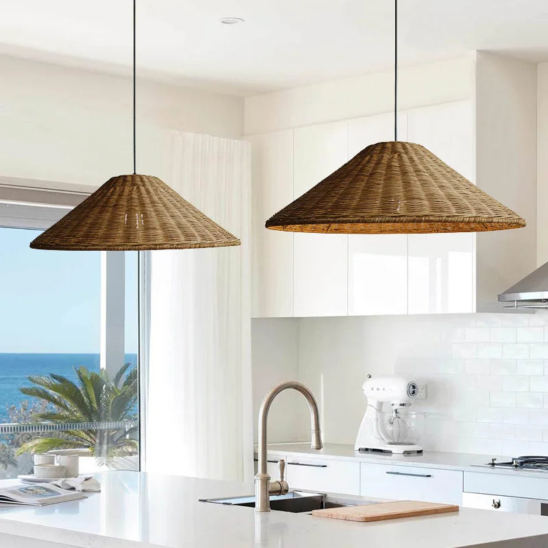 Vintage Rattan Pendant Light - Handwoven Wicker Ceiling Hanging Lamp for Dining Room & Kitchen Decor