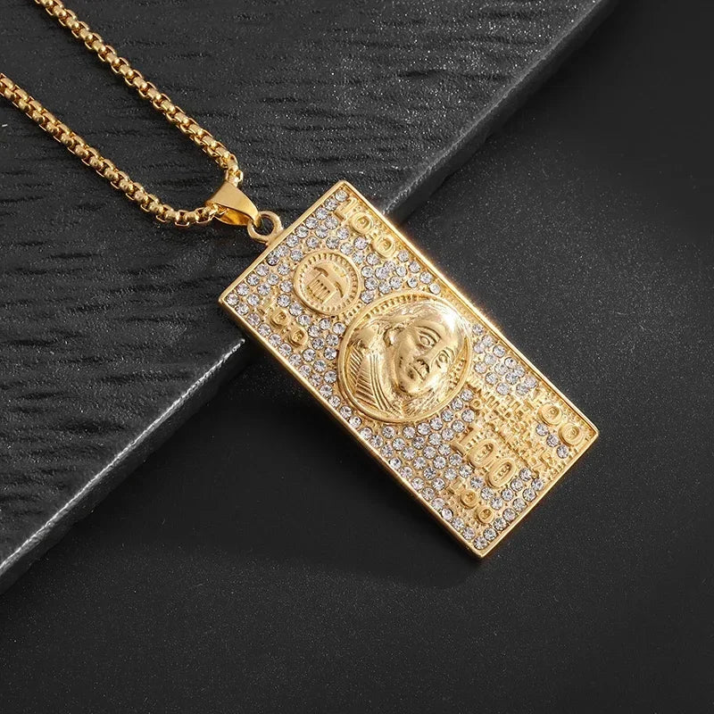 Stainless Steel $100 Bill Pendant Necklace for Men & Women – Fashion Lucky Wealth Jewelry Gift Necklace