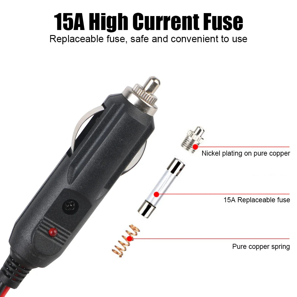 12V/24V Car Cigarette Lighter Socket Extension Cable – Crocodile Clip Power Cord with 15A Fuse & Male Plug Adapter Extender