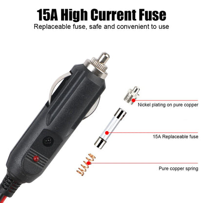 12V/24V Car Cigarette Lighter Socket Extension Cable – Crocodile Clip Power Cord with 15A Fuse & Male Plug Adapter Extender